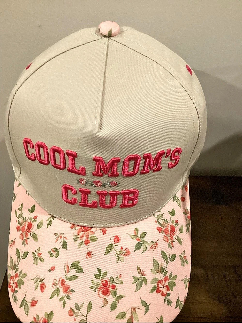 Floral Cool Mom’s Club Baseball Cap in Cream & Pink Floral - Picture 2 of 4